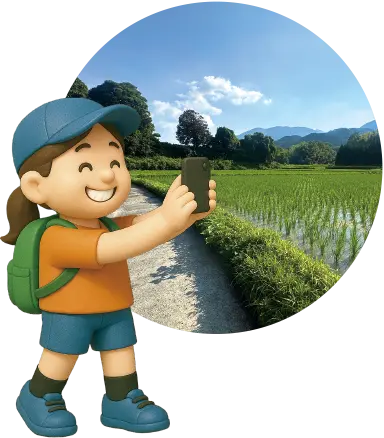 田園風景でロゲイニングしているイラスト